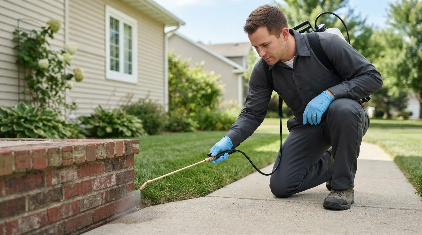 Pest control technician treating a home near Nazareth, TX